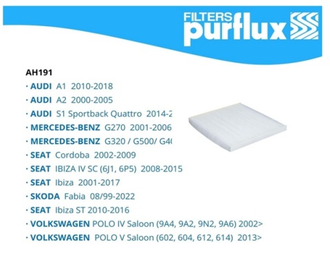 Filtr kabinowy Purflux AH191 Audi Mercedes-Benz Seat Skoda VW