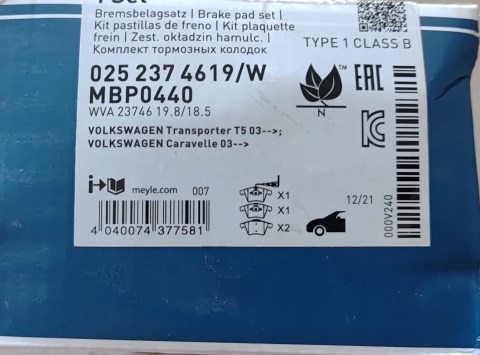 Klocki hamulcowe MEYLE VW Multivan Transporter T5 T6 California 2003-2024 025 237 4619/W MBP0440